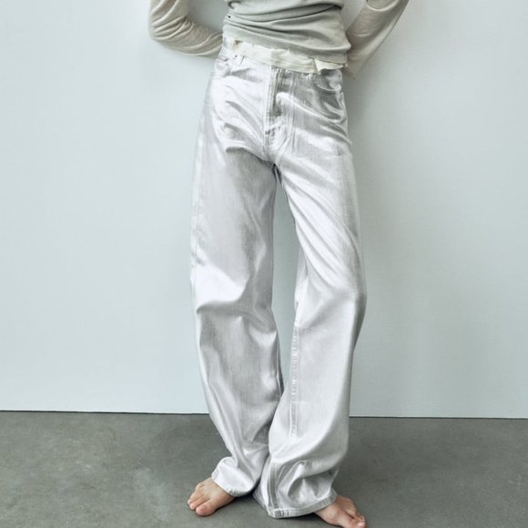 NWT ZARA METALLIC HIGH RISE JEANS WHITE - Picture 1 of 8